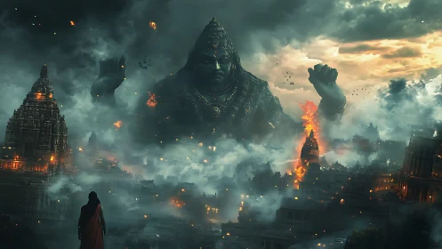 Colossal storm deity looms above burning mythic cityscape.