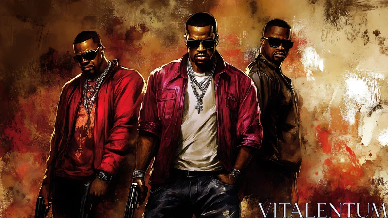 Three armed men stand against fiery abstract urban backdrop