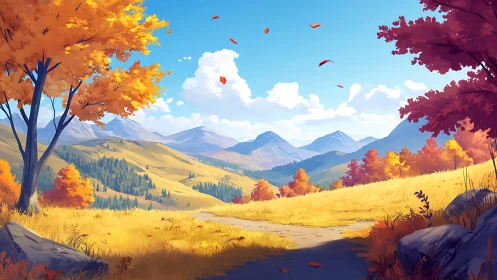 Golden autumn valley opens toward distant blue mountains