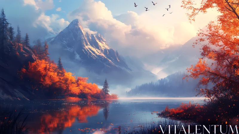Autumn lake under misty mountains at sunrise glow.