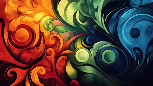 Vibrant swirling abstract unites warm and cool color fields