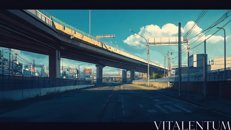 Elevated expressway above a quiet urban service road at dusk.