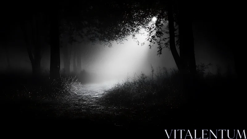 Forest path cuts through dense night toward single light