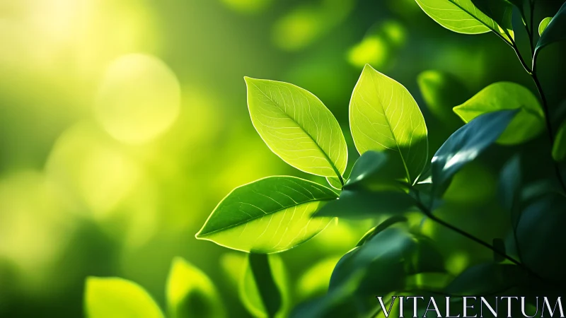 Sunlit green leaves with soft blurred forest background.