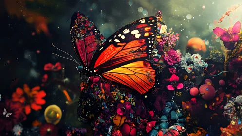 Monarch butterfly over glowing fantasy floral garden.