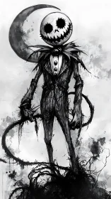 Monochrome skeletal figure dominates under crescent moon