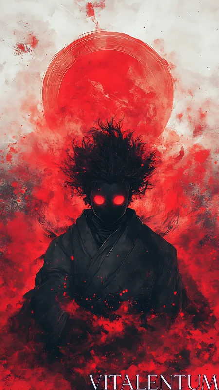 Mystic warrior rises in red smoke beneath a burning sun.