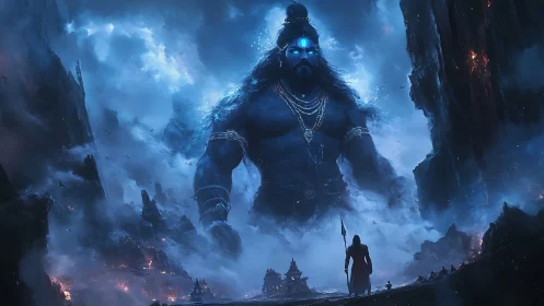 Colossal blue deity strides through stormlit mountain kingdom.