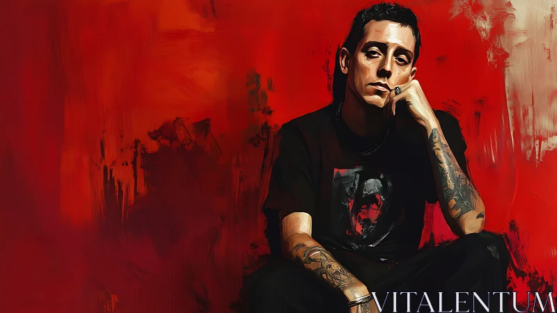 Tattooed man in dark clothing posed against textured red backdrop