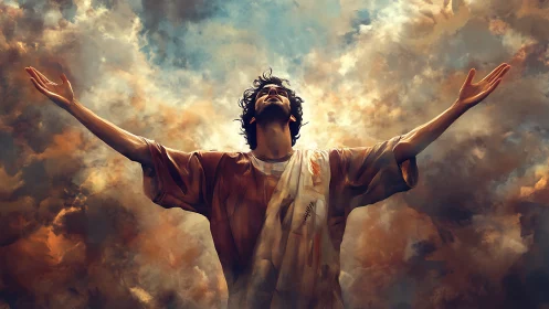 Dramatic upward-angled figure study with expressive cloudscape lighting