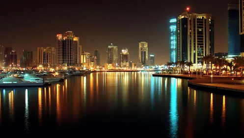 Nocturnal marina skyline with high-rise reflections on water.