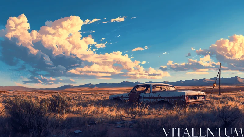 Rusting car under vast desert sky at golden hour.