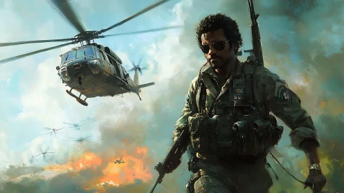 Digital painting of tactical pilot with assault helicopter backdrop.