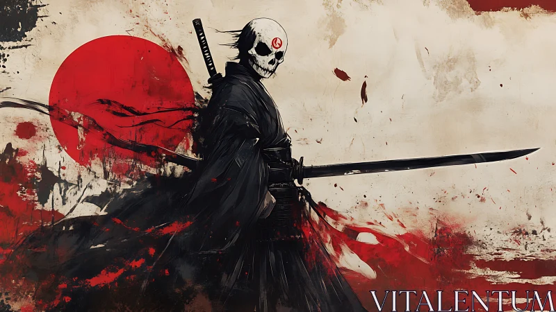 Skeletal samurai with katana framed by abstract rising sun