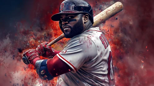 Power hitter poised amid explosive abstract background.