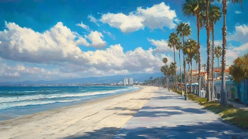 Palm-lined coastal promenade extends along urban shoreline