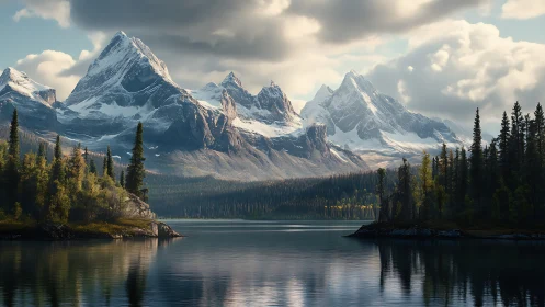 Snow-crowned mountain range mirrored on tranquil alpine lake.
