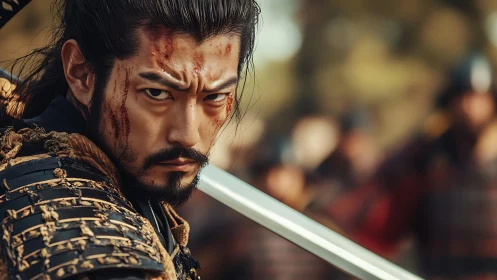 Resolute samurai warrior holding firm in the heat of battle.