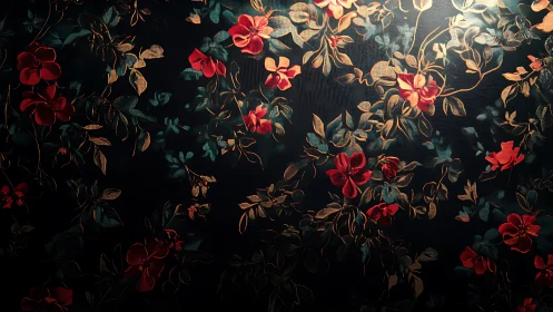 Dark Floral Garden with Red Blooms and Golden Vines.