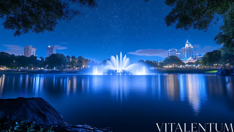 Photorealistic nocturne of city lake fountain symmetry study.