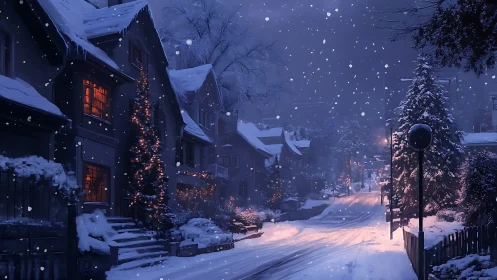 Snowy neighborhood glows with cozy winter window lights