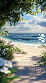 Rendered shoreline scene shows sandy path, flora, and water