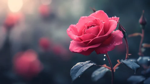 Dewdrop-Covered Pink Rose in Soft Garden Light.