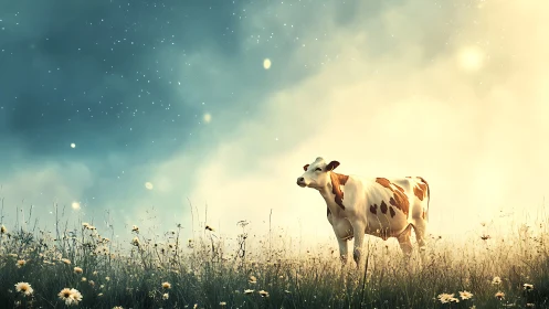 Sunlit cow stands in dreamy wildflower meadow at dawn.