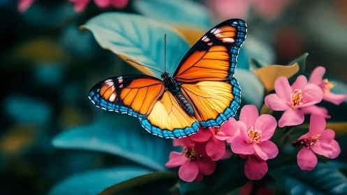 Orange butterfly rests on pink flowers with teal foliage