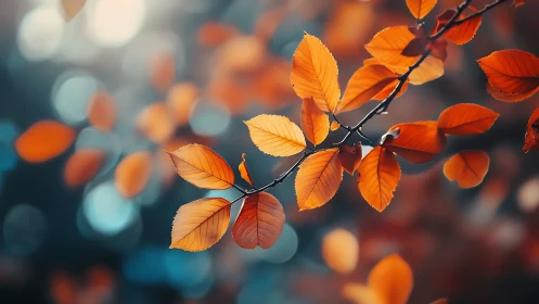 Macro telephoto capture of orange autumn beech leaves bokeh