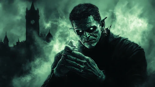 Vampiric fiend broods in toxic green gothic mist.