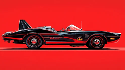 Digital painting profile of retro hero car on red field.