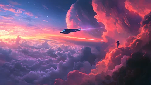 Futuristic spacecraft crossing vivid cosmic cloudscape.