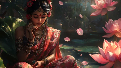 Serene woman in lotus garden reflects in warm painted light