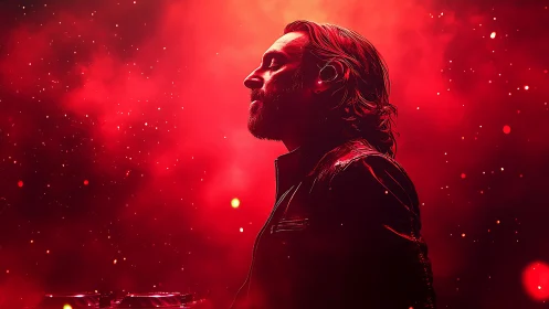 DJ in red nebula glow pauses in profile on stage.