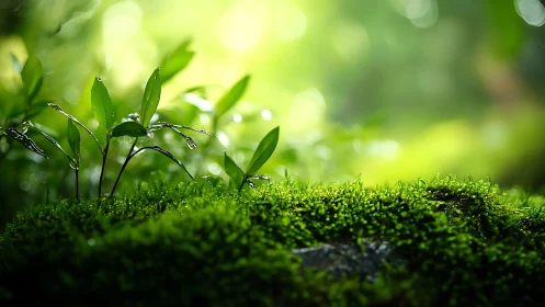 Lush Green Moss and Young Plants in Sunlit Forest Macro Photo.
