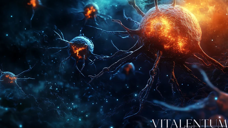 Luminous neural cells in deep cosmic blue microenvironment.