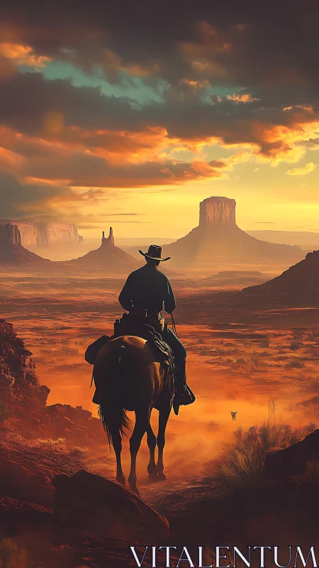 Sunlit cowboy rides into a vast glowing desert horizon