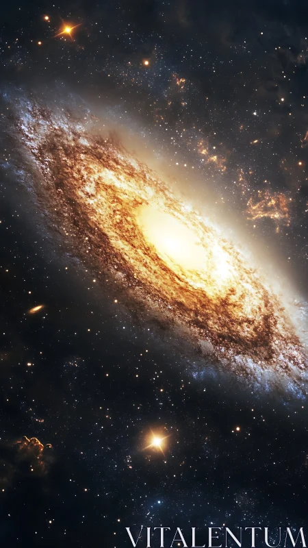 Inclined spiral galaxy core with luminous stellar halo glow.