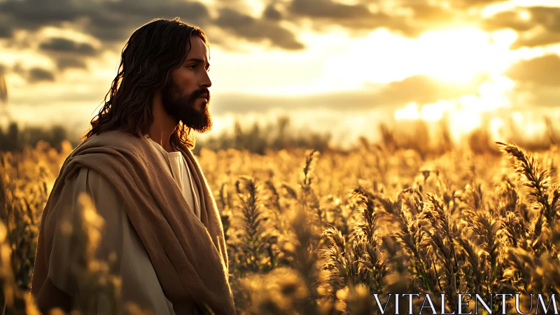 Gentle robed figure walking through a golden sunset field.
