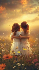 Sunset meadow sisters wrapped in armfuls of wonder.