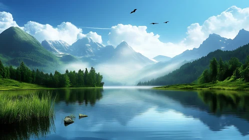 Mountain lake with forest shoreline and distant snowy peaks.