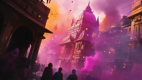 Temple domes inhale pink smoke while festival light blooms