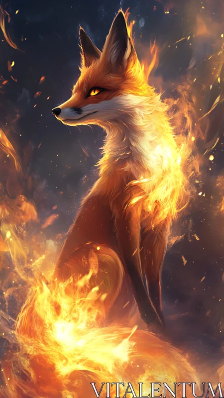 Fiery spirit fox rises in swirling embers and midnight smoke