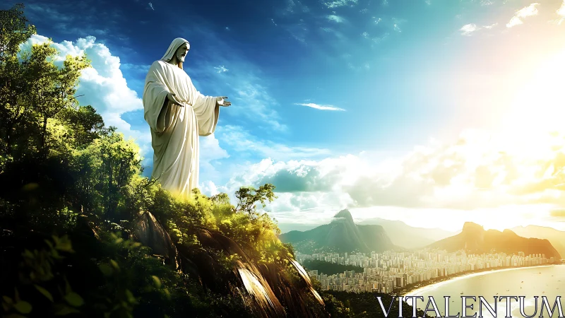 Christ monument overlooks sunlit Rio coastline and distant bay