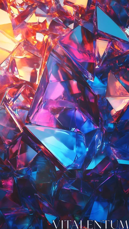 Radiant crystal shards glow in vivid pink, blue, and gold light