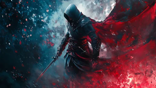 Hooded warrior strides through swirling red and cyan storm