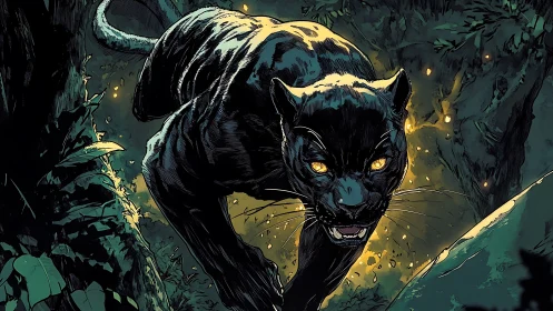 Black Panther in Dense Jungle Environment with Amber Illumination.