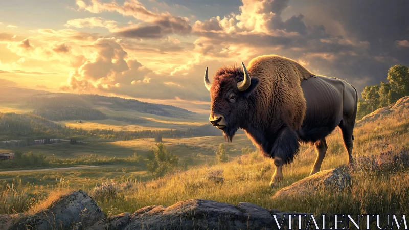 Golden hour bison wanders gently across open prairie hills