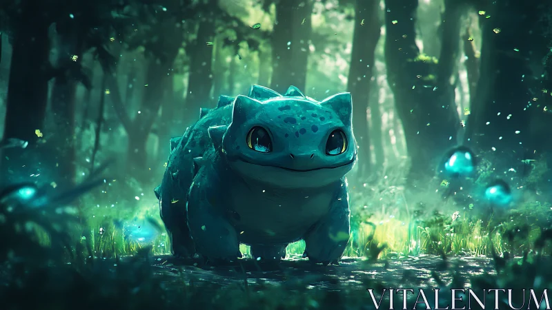 Blue creature explores glowing forest under soft light